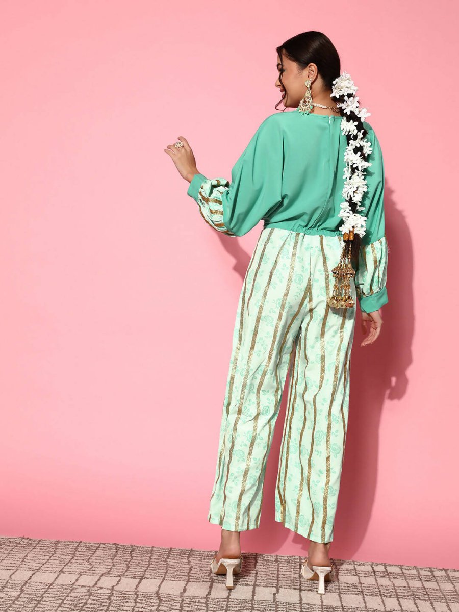 Ahalyaa Women Gorgeous Green Printed Once Upon a Sleeve Jumpsuit