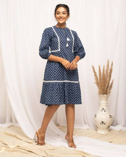 FIORRA Women's Blue Cotton Floral Printed Western Dress