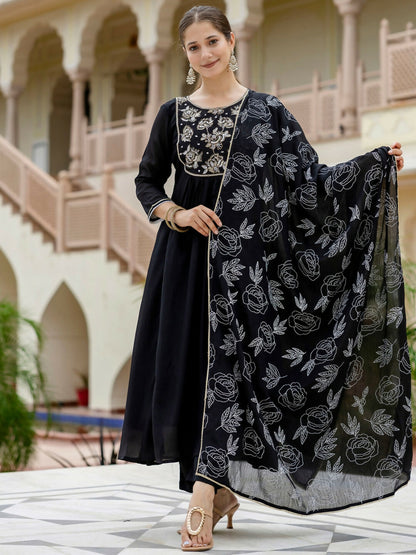 The52 Black Women's Beautiful Embroidered work Chinon Fabric with Flared Kurta, Pant and Dupatta Set
