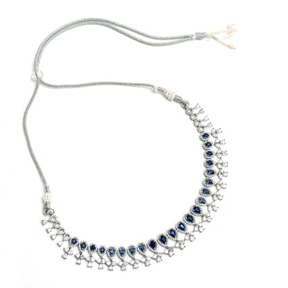 Mominos Fashion Johar Kamal Silver-Plated American Diamond Silver Blue Choker Set