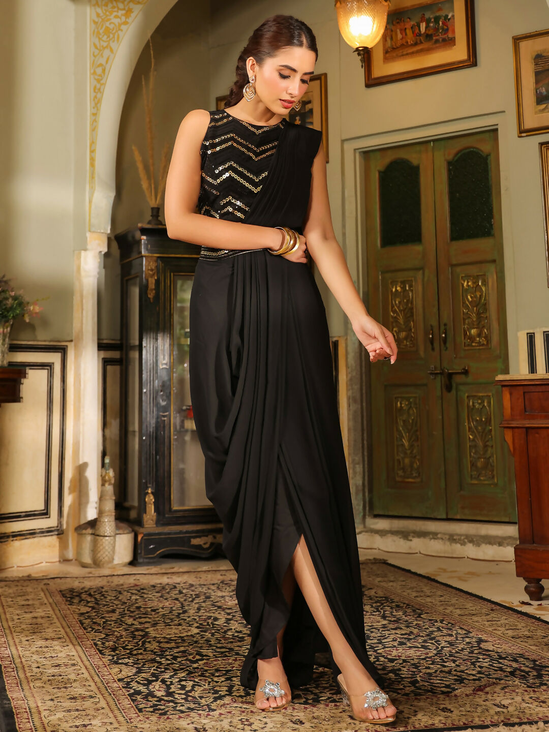 Janasya Black Georgette Sequined Saree and Blouse