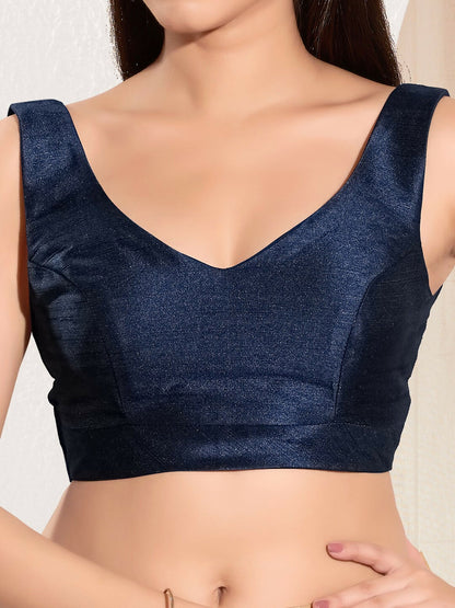 Joban Fashion Navy Blue Mulberry Silk Padded Blouse With Round Neck Sleeveless