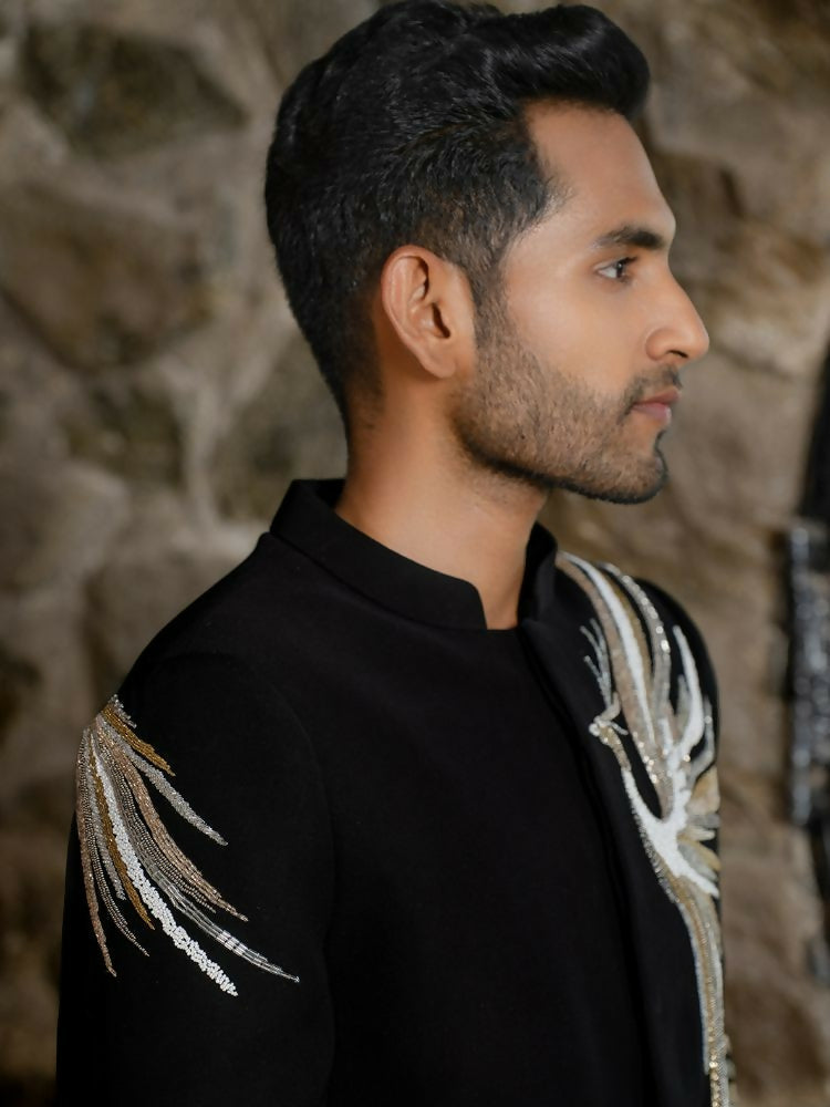 Black Bandhgala Elegance – Black Leaf Embroidery by Hilo Design