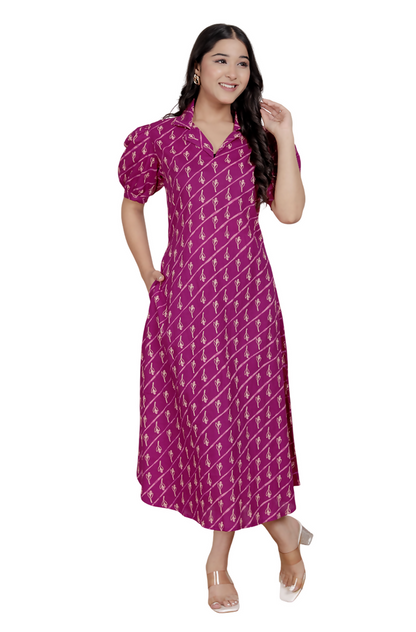 Miravan Womens Magenta Floral Printed Cotton Dress With One Side Pocket