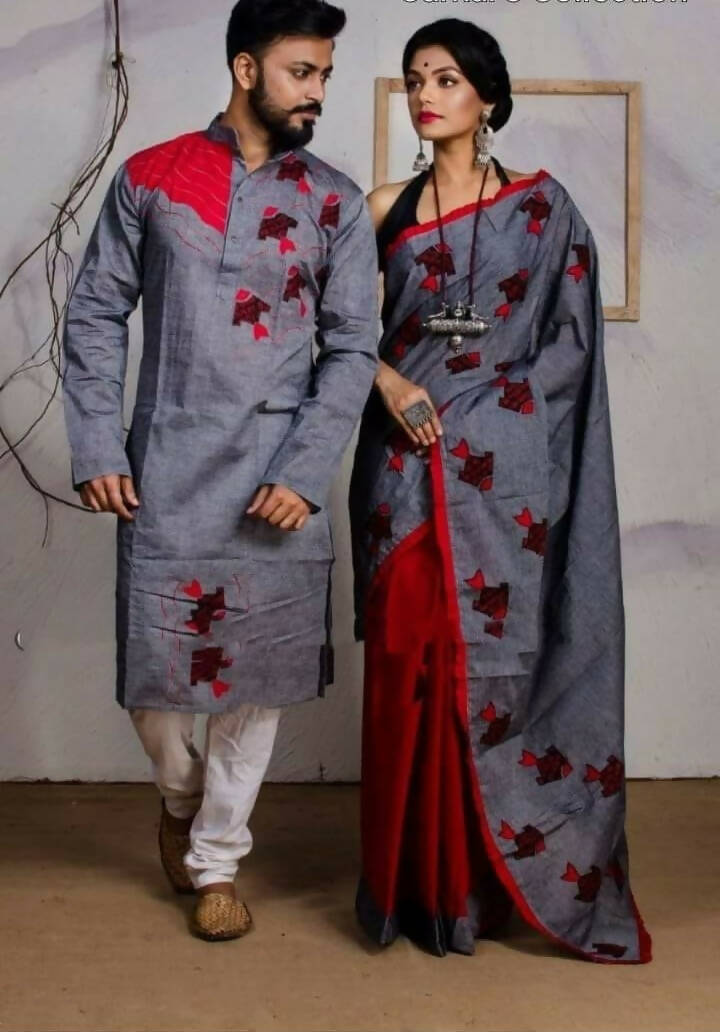 Exclusive Collection Saree With Blouse Piece For Women And Men's Kurta - Gray