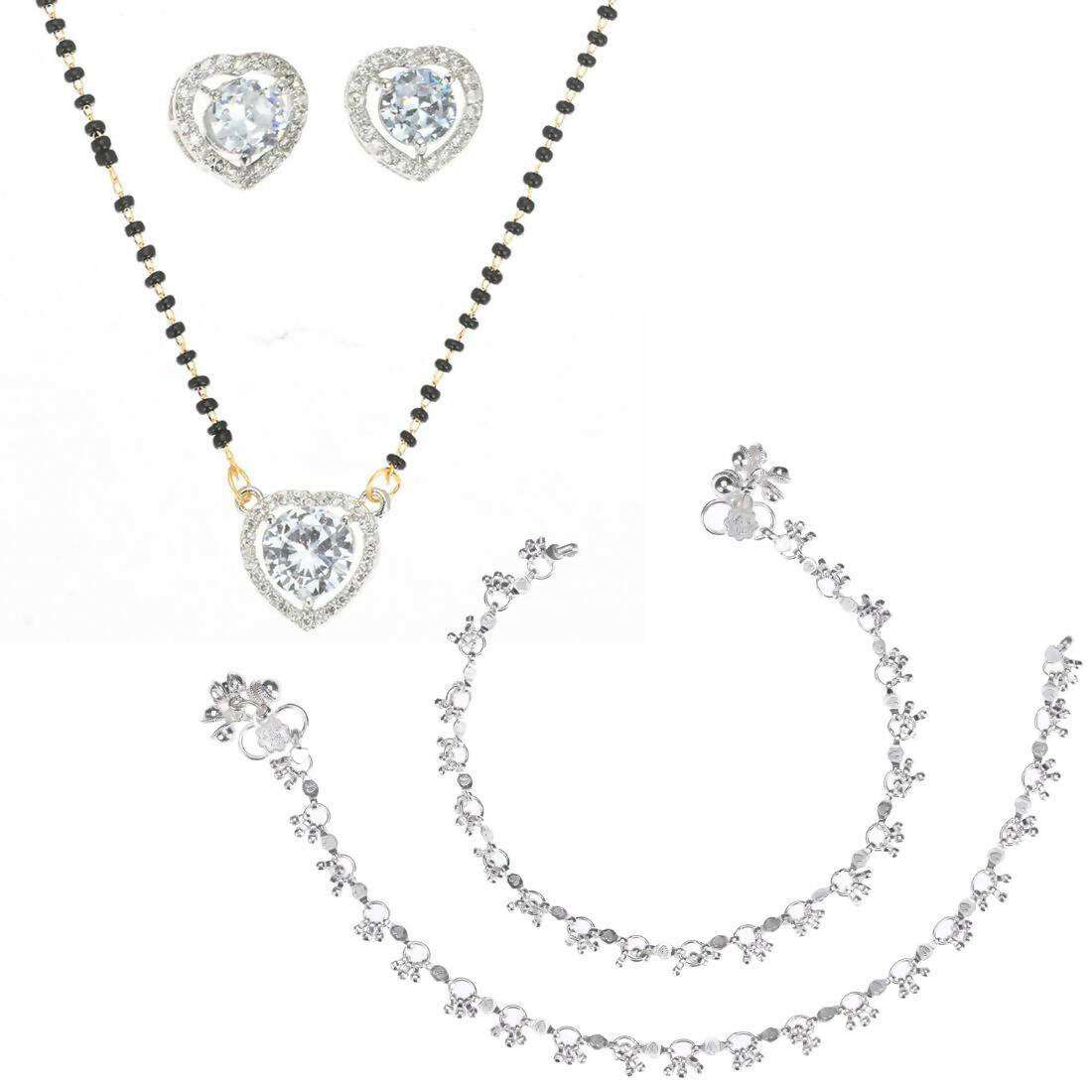 AanyaCentric Gold-Polished Mangalsutra Pendant Earring Set & Silver Plated Anklet