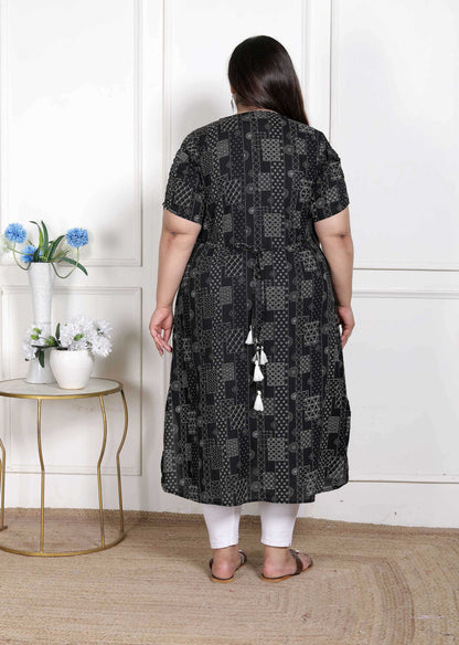 Miravan Women's Plus Size Pure Cotton Black Floral Printed Front Button A-Line Kurta
