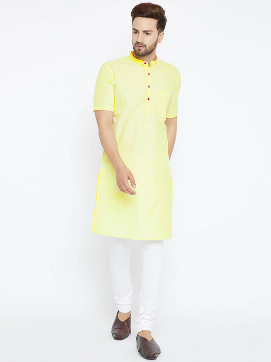 Even Apparels Yellow Color Pure Cotton Men's Kurta With Band Collar