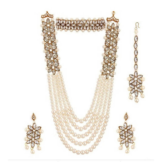 Mominos Fashion Rajwadi Gold-Polished Wirh Stone & Pearls Necklace Combo Set
