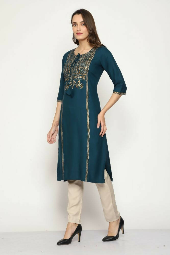 Maai Rayon Hand Printed Kurta Navy