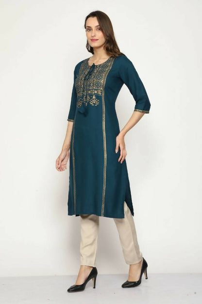 Maai Rayon Hand Printed Kurta Navy