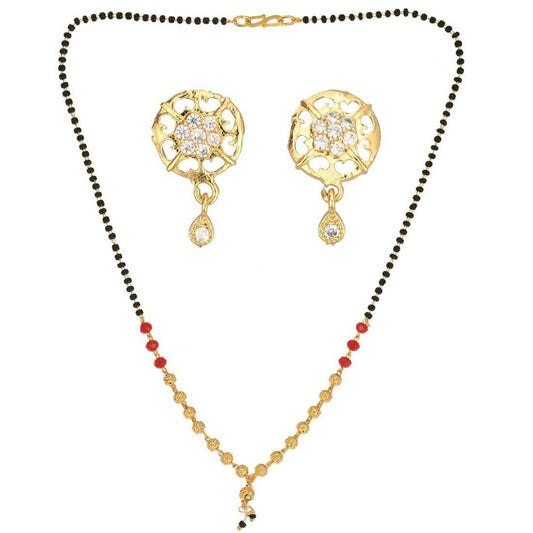 AanyaCentric Gold-Polished Short Mangalsutra Set with Earrings