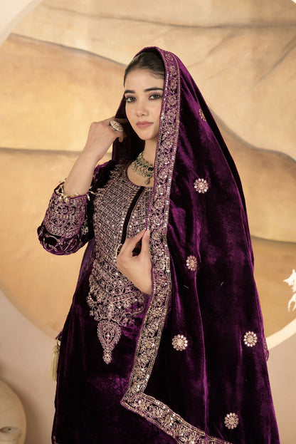 Joban Fashion Wine Velvet Sequence Embroidery Work Kurta Set