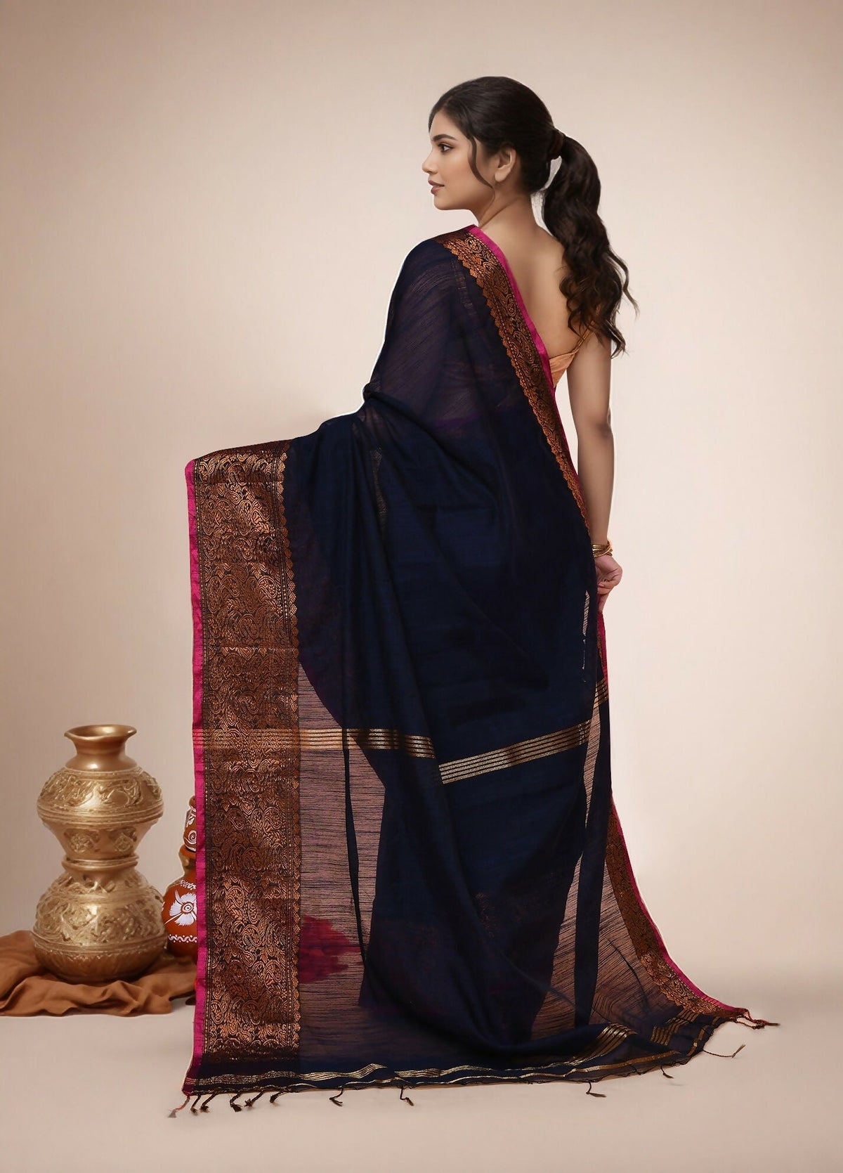 Joban Fashion Dark Blue Cotton Blend Handloom Saree