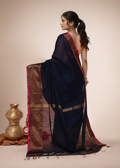 Joban Fashion Dark Blue Cotton Blend Handloom Saree