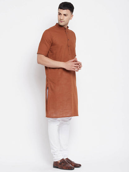 Even Apparels Brown Pure Cotton Men's H/S Kurta With Band Collar
