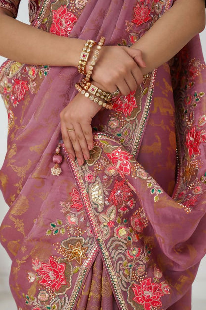 Kesar Fab Threaded Blossoms: Pink With Colorful Floral Embroidery Saree