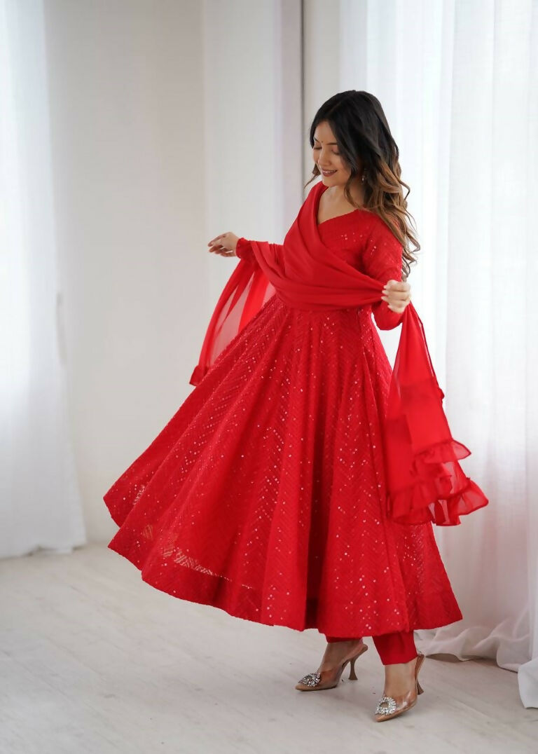 Teeya Creation Red Color Heavy Embroidery Work Georgette Fabric Wedding Wear Gown