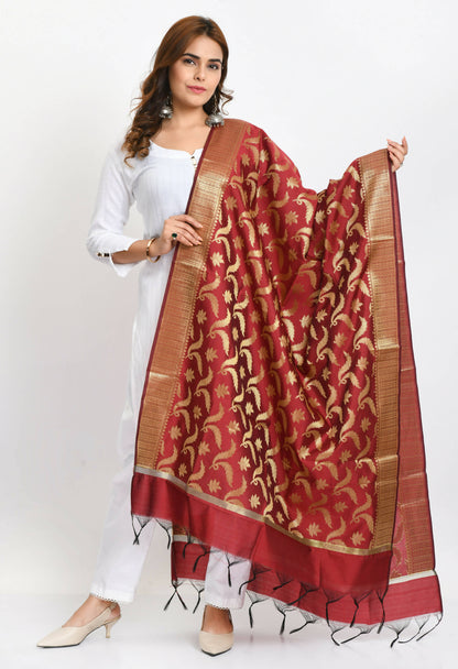 Mominos Fashion Moeza Women's Banarsi Silk Floral Woven Design Maroon Dupatta
