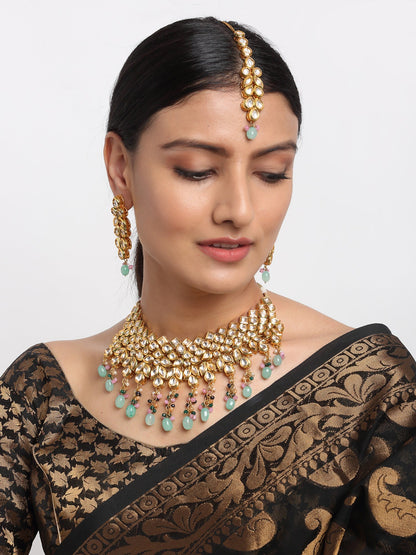 Kundan Neckpiece With Earrings And Maang Tikka - Ruby Raang
