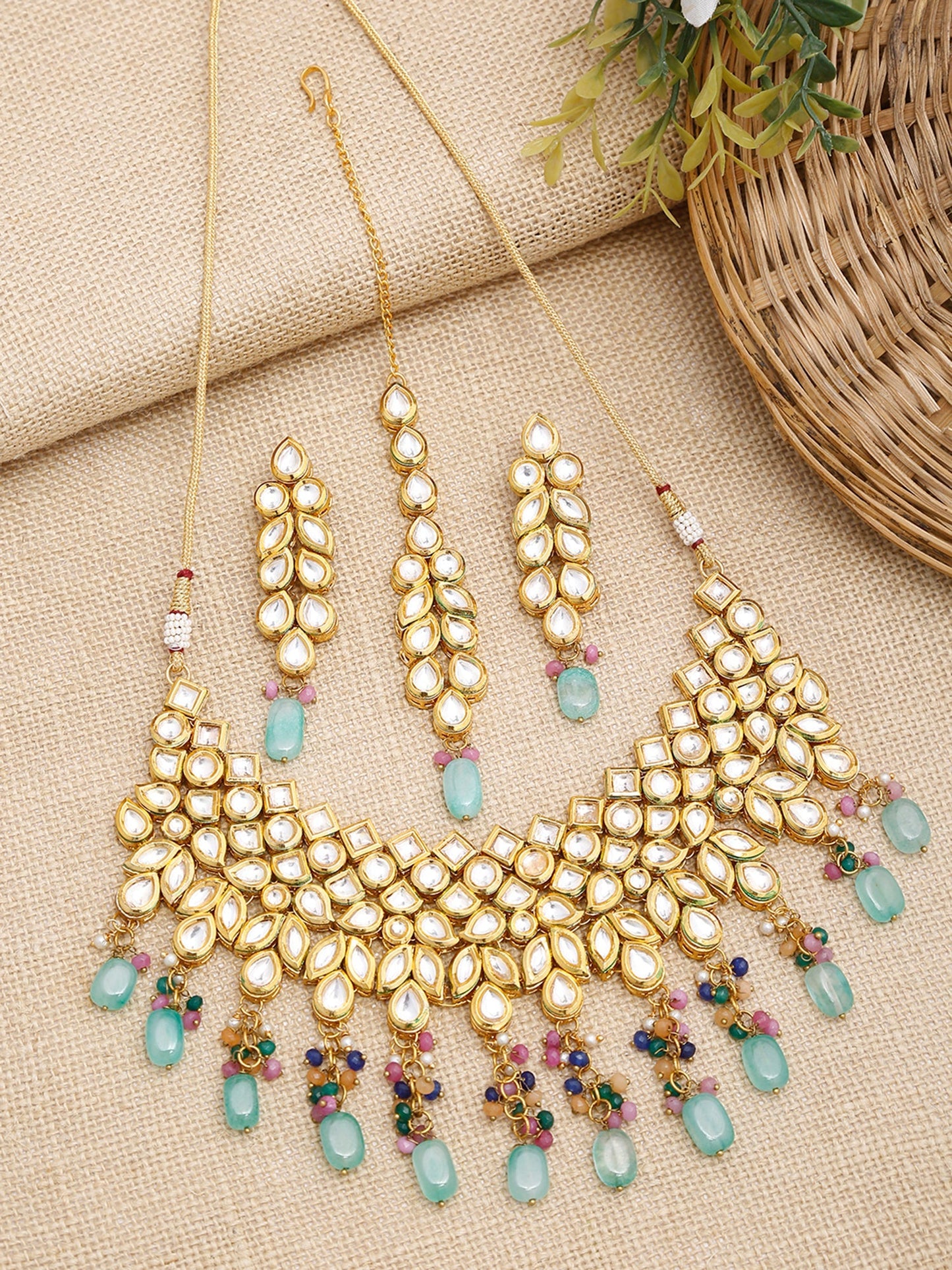 Kundan Neckpiece With Earrings And Maang Tikka - Ruby Raang