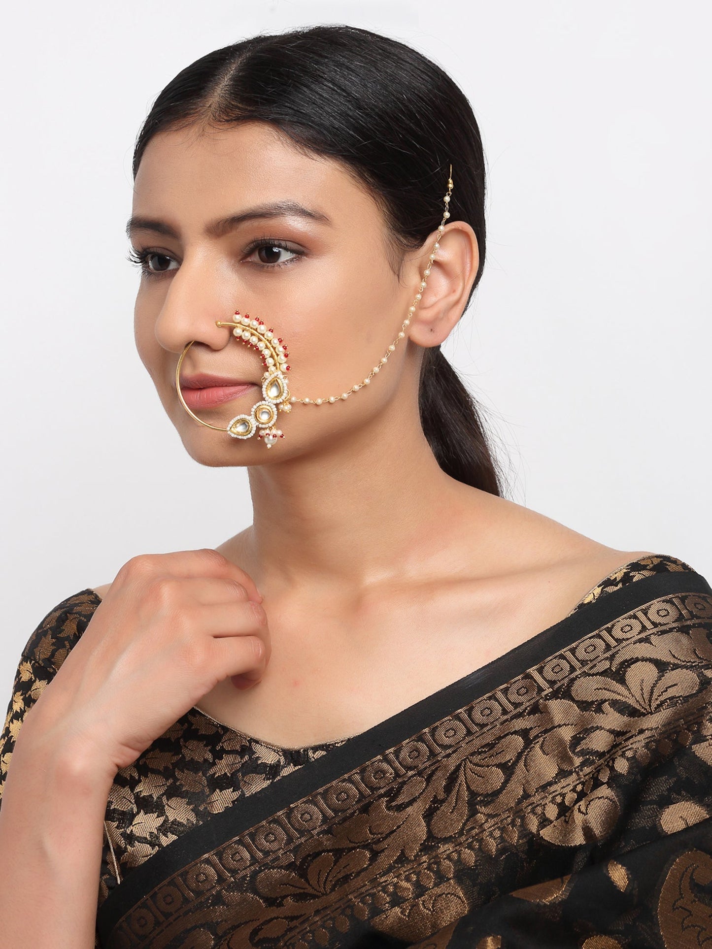 Maharani Kundan Nose Ring - Ruby Raang
