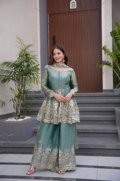 Teeya Creation Teal Color Fendy Satin Silk Embroidery Work party Wear Salwar Suit