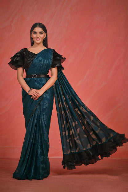 Teal Pattern Georgette Handwork & Lace with kardana work Saree With Stitched Blouse - Mohmanthan Elegancia