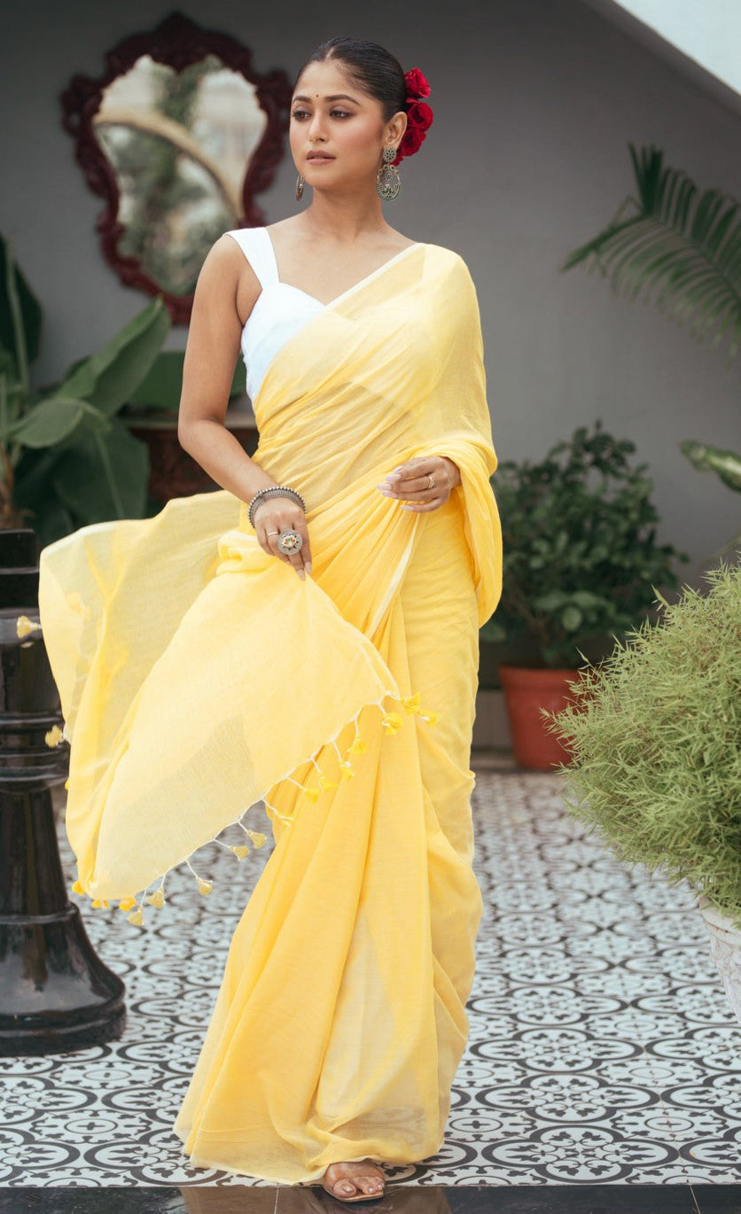 Very Much Indian Mastaani - Pure Mul Cotton Handloom Saree - Fresh Yellow