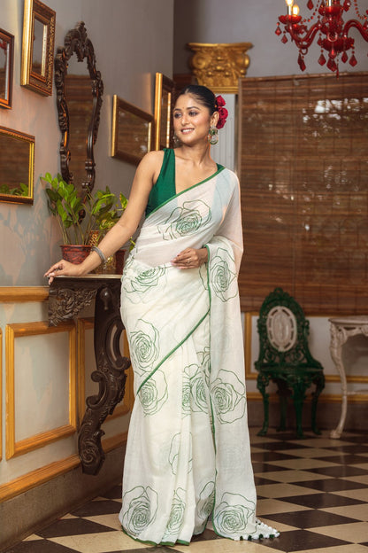 Very Much Indian Mastaani - Pure Mul Cotton Handloom Saree with Beautiful Rose Prints - Green