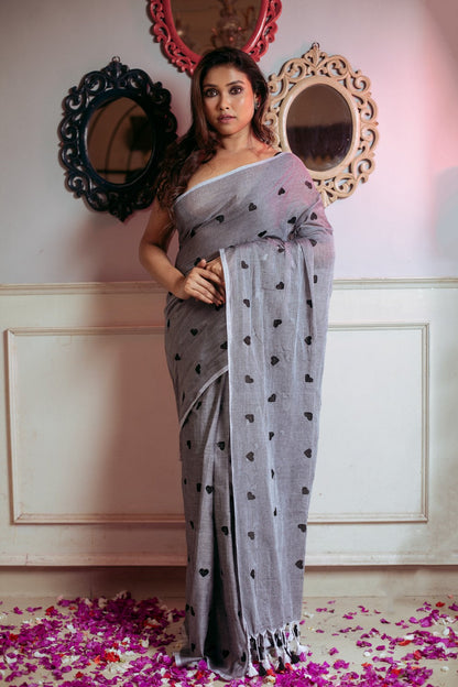 Very Much Indian Mastaani - Pure Mul Jamdhani Cotton Handloom Saree with Beautiful Heart Weaves - Grey