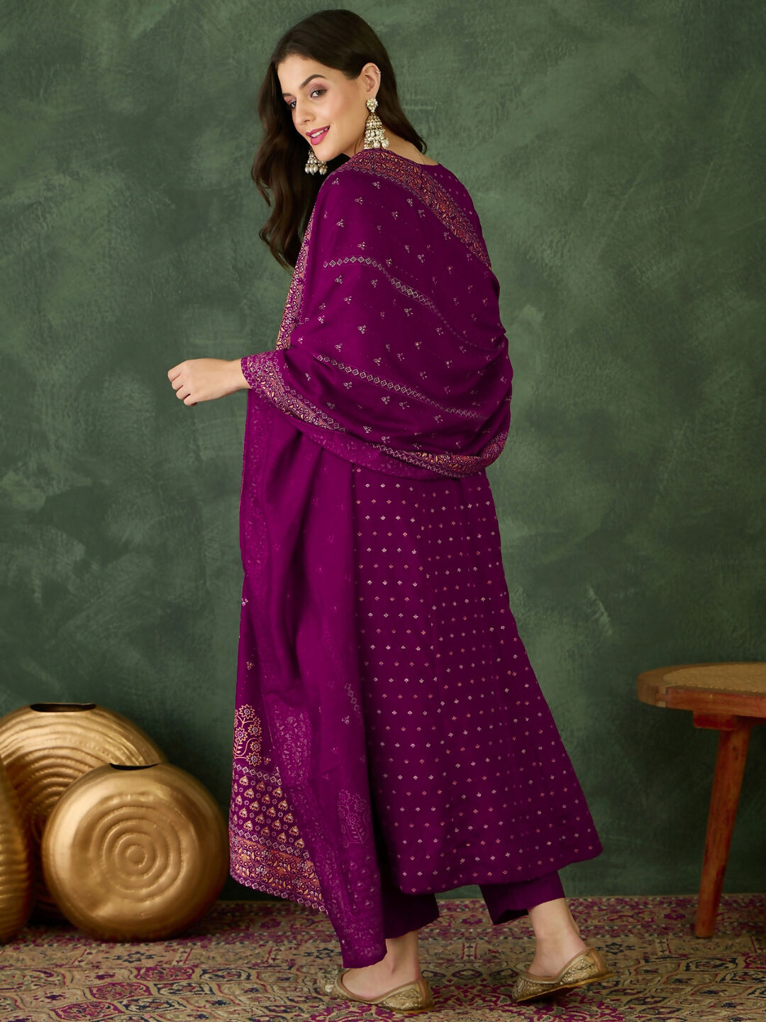 The52 Wine Women's Gorgeous Embroidered Work Vichitra Silk Fabric Flared Kurta Pant and Dupatta Set