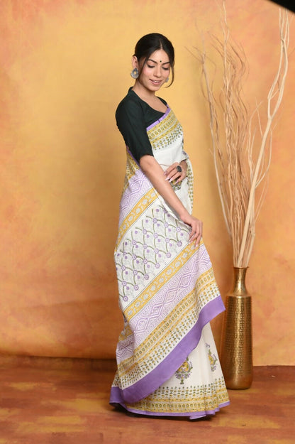 Very Much Indian Handblock Printed Cotton Saree With Natural Dyes - White