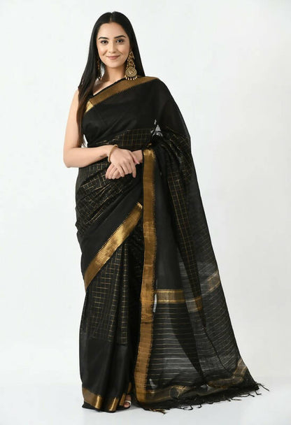 Mominos Fashion Moeza Black Bhagalpuri Handloom Silk Raj Shree Saree with unstitched Blouse piece