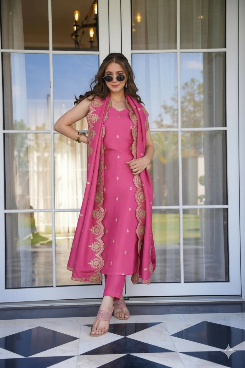 The52 Peach Women's Viscose Zari Chanderi Fabric Embroidered Work Straight Kurta, Pant and Dupatta Set