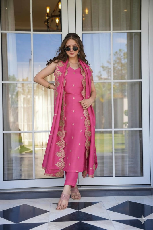 The52 Peach Women's Viscose Zari Chanderi Fabric Embroidered Work Straight Kurta, Pant and Dupatta Set