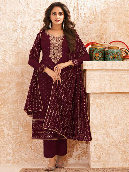 Myra Wine Emboidered Georgette Pant Style Suit