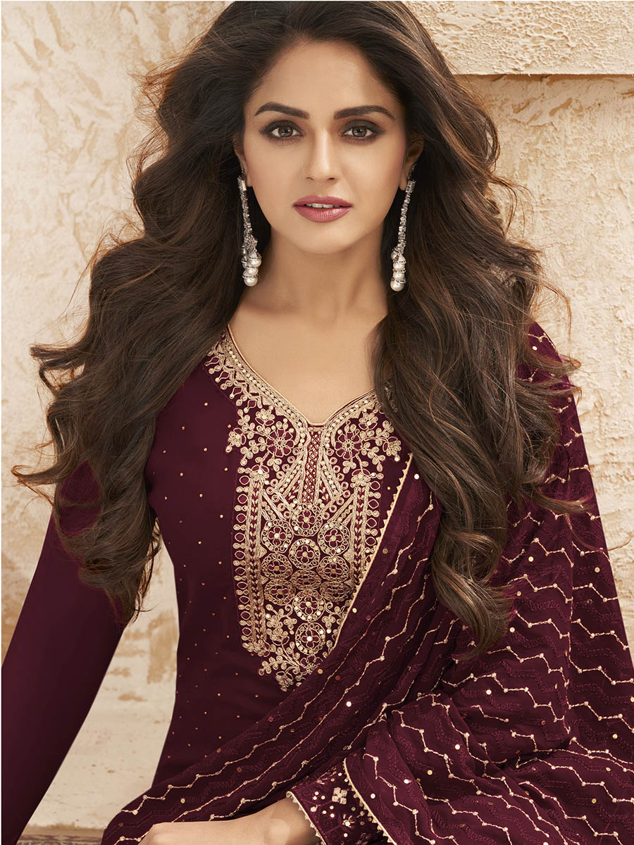Myra Wine Emboidered Georgette Pant Style Suit