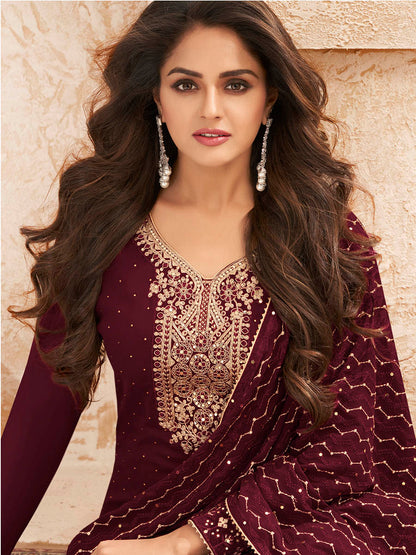 Myra Wine Emboidered Georgette Pant Style Suit