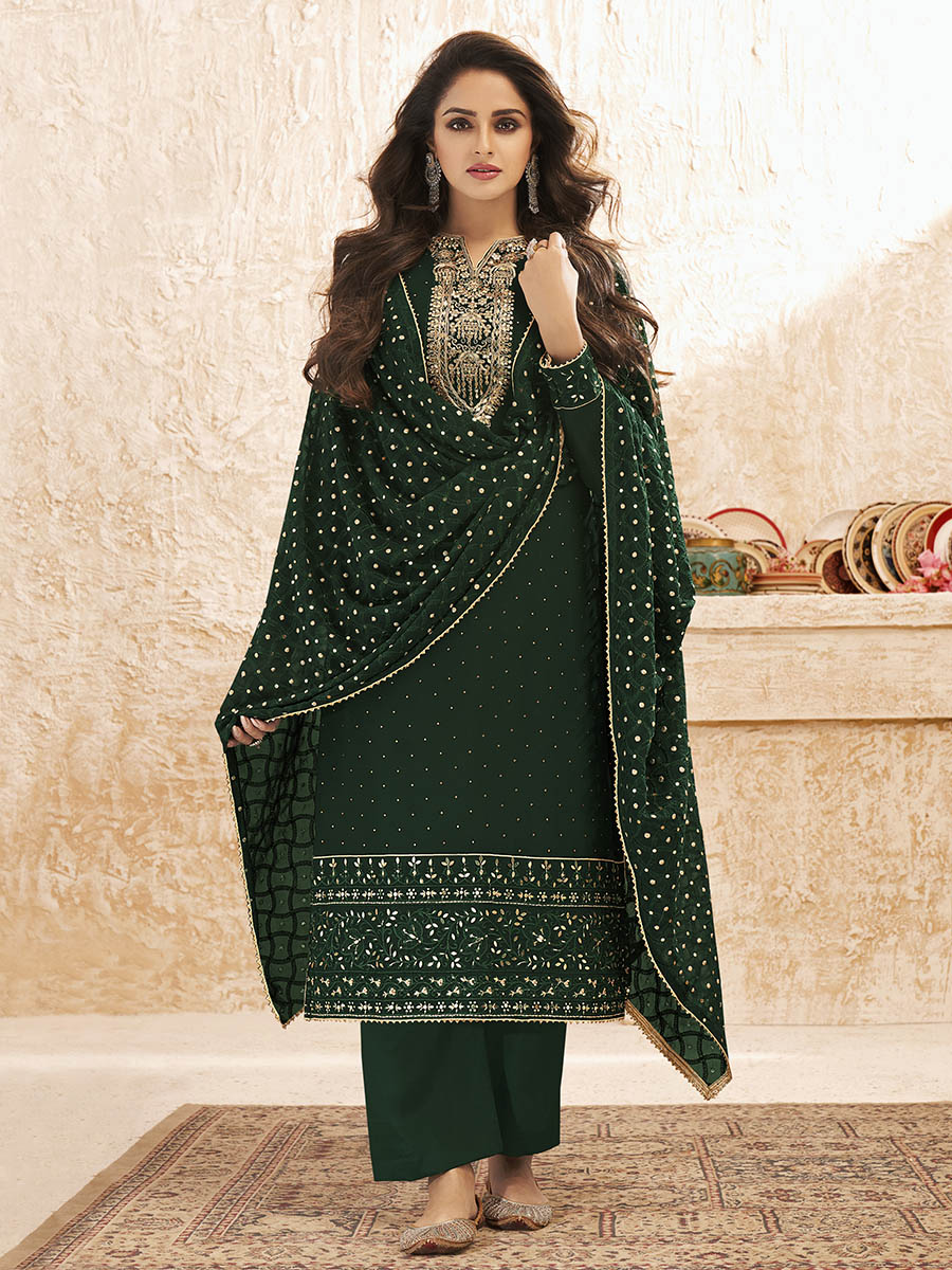 Myra Deep Green Emboidered Georgette Pant Style Suit
