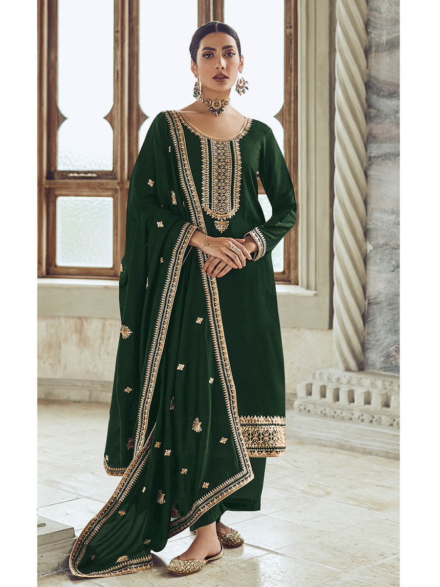 Myra Bottle Green Premium Silk Embroidered Pant Style Suit