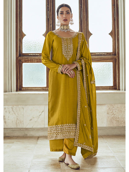 Myra Mustard Yellow Premium Silk Embroidered Pant Style Suit