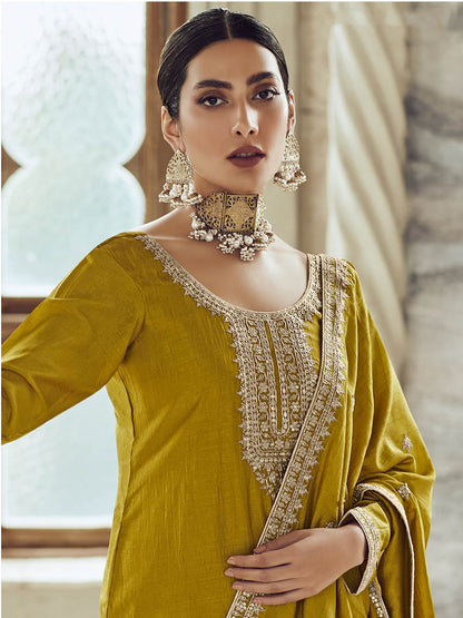 Myra Mustard Yellow Premium Silk Embroidered Pant Style Suit