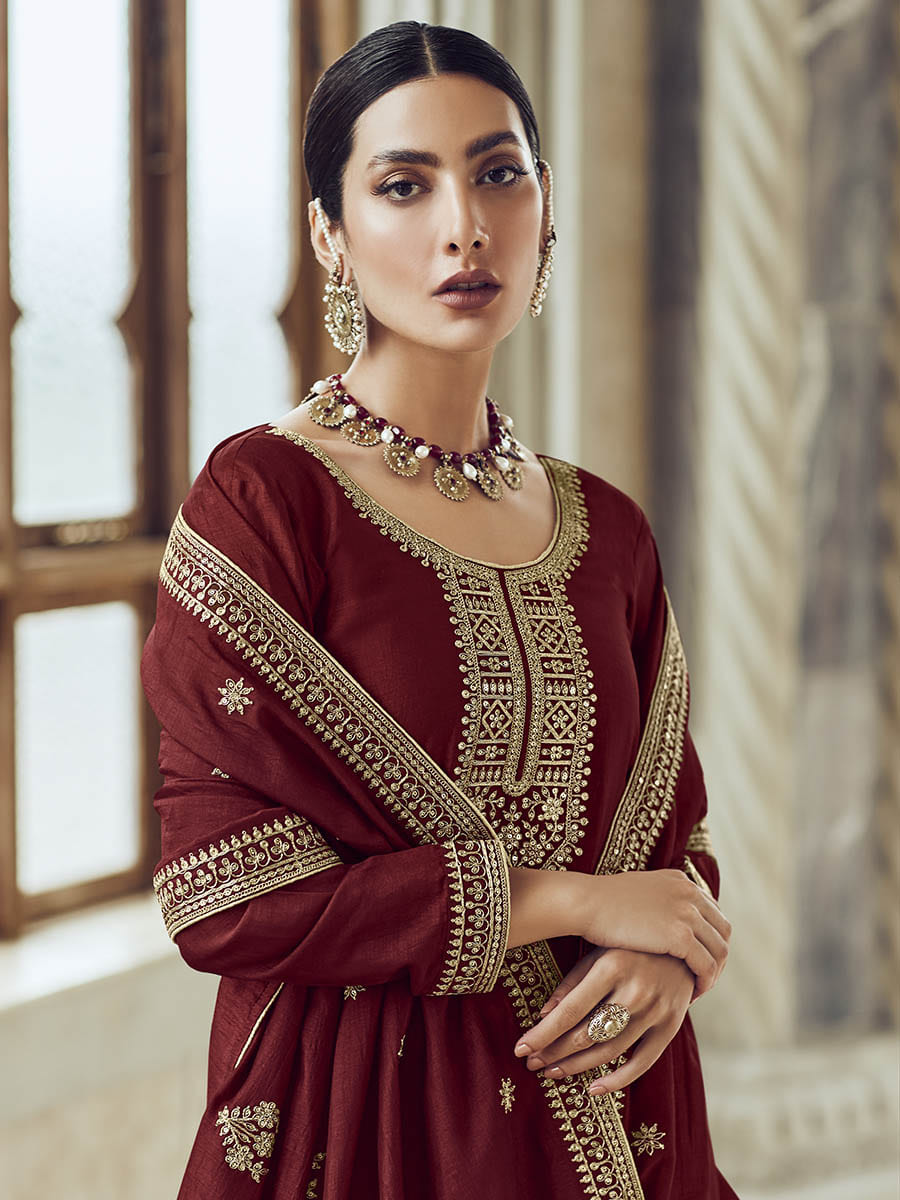 Myra Maroon Premium Silk Embroidered Pant Style Suit