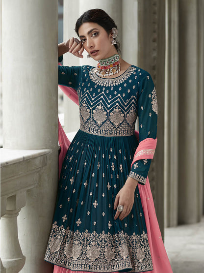 Myra Navy and Pink Georgette Skirt Style Embroidered Suit
