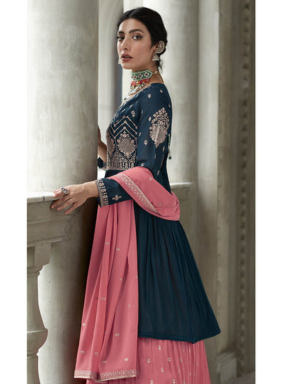 Myra Navy and Pink Georgette Skirt Style Embroidered Suit