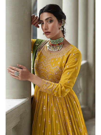Myra Mehendi and Mustard Yellow Georgette Skirt Style Embroidered Suit