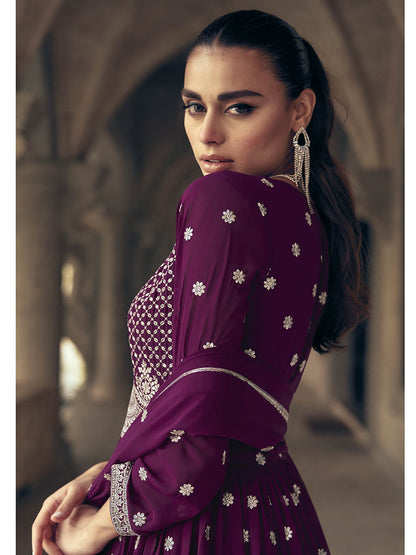 Myra Purple Real Georgette Gharara Style Embroidered Suit