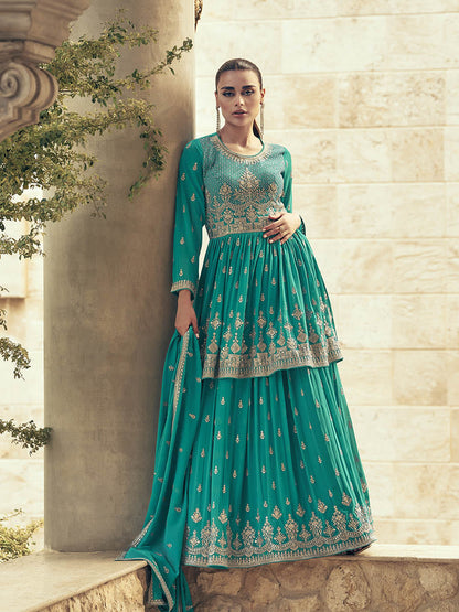 Myra Sea Green Real Georgette Gharara Style Embroidered Suit