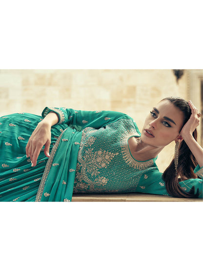 Myra Sea Green Real Georgette Gharara Style Embroidered Suit